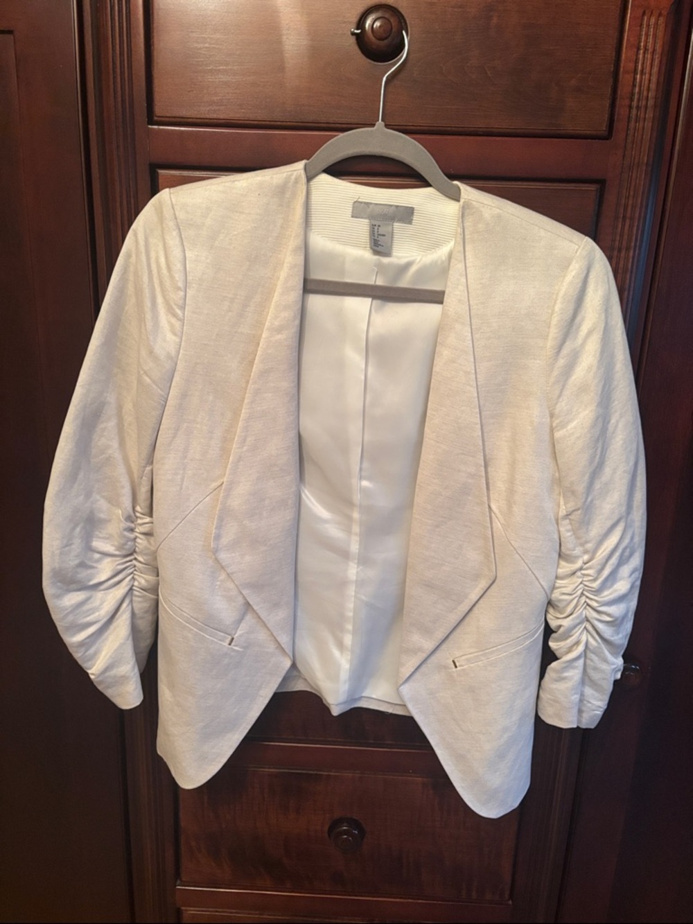 H&M Cream Open-Front Ruched Sleeve Blazer
